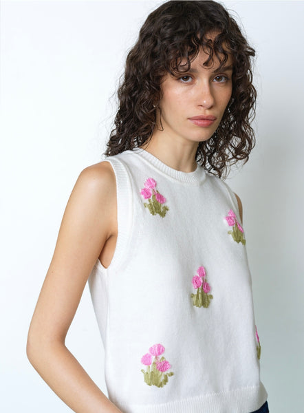 French Connection Junie Floral Applique Knit Vest in Cream