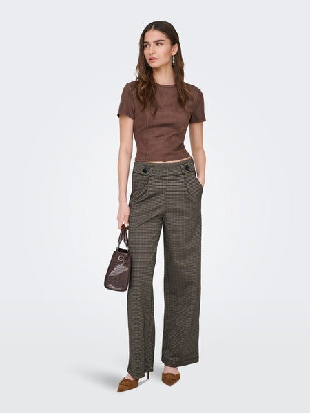 JDY Wide Leg Checked Trousers in Brown