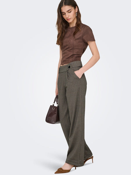 JDY Wide Leg Checked Trousers in Brown