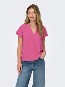 JDY Short Sleeve V-Neck Top in Pink