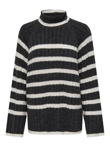 JDY Long Striped Roll Neck knit Jumper in Dark Grey