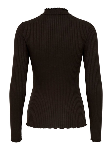 JDY Long Sleeve Ribbed High Neck Top in Chocolate