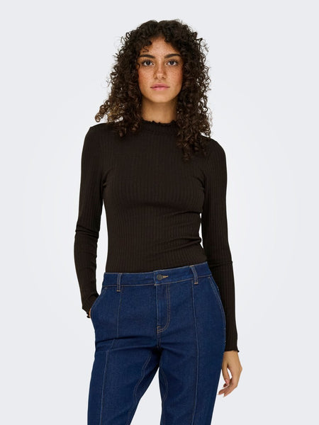 JDY Long Sleeve Ribbed High Neck Top in Chocolate