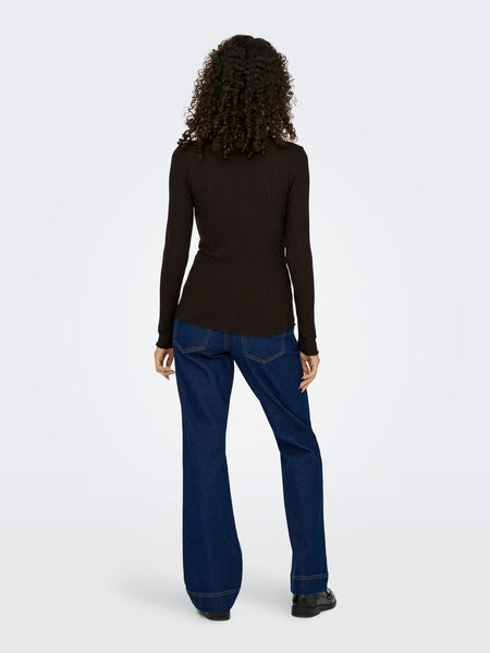 JDY Long Sleeve Ribbed High Neck Top in Chocolate