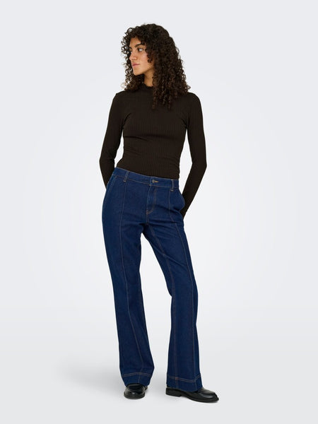 JDY Long Sleeve Ribbed High Neck Top in Chocolate