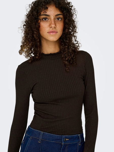 JDY Long Sleeve Ribbed High Neck Top in Chocolate