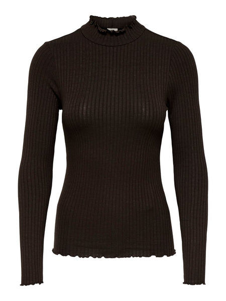 JDY Long Sleeve Ribbed High Neck Top in Chocolate