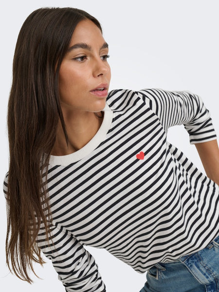 JDY Long Sleeve Striped Embroidered Heart Top in Black