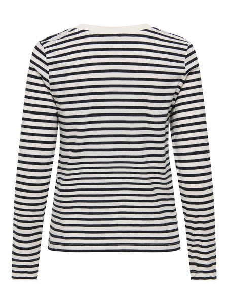 JDY Long Sleeve Striped Embroidered Heart Top in Black