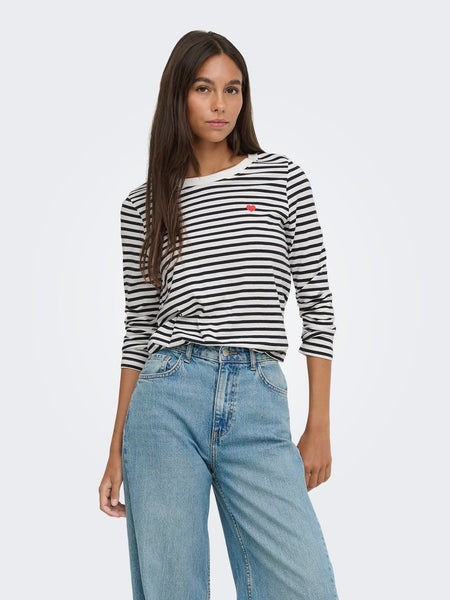 JDY Long Sleeve Striped Embroidered Heart Top in Black