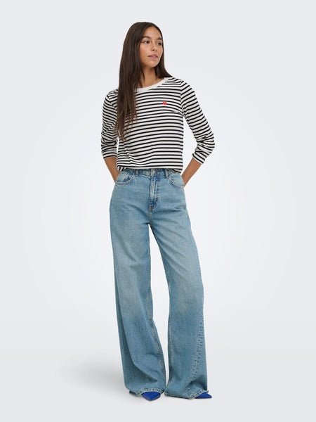 JDY Long Sleeve Striped Embroidered Heart Top in Black