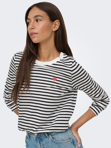 JDY Long Sleeve Striped Embroidered Heart Top in Black