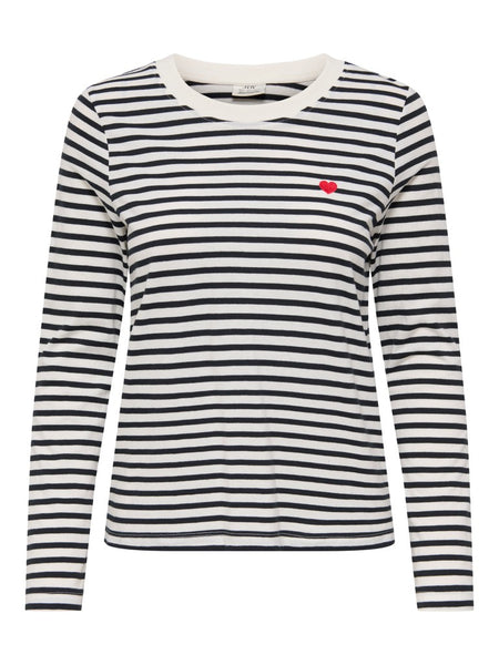 JDY Long Sleeve Striped Embroidered Heart Top in Black