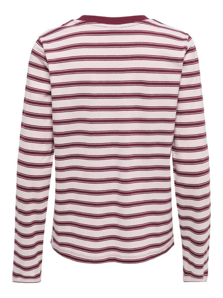 JDY Long Sleeve Striped Embroidered Heart Top in Pink