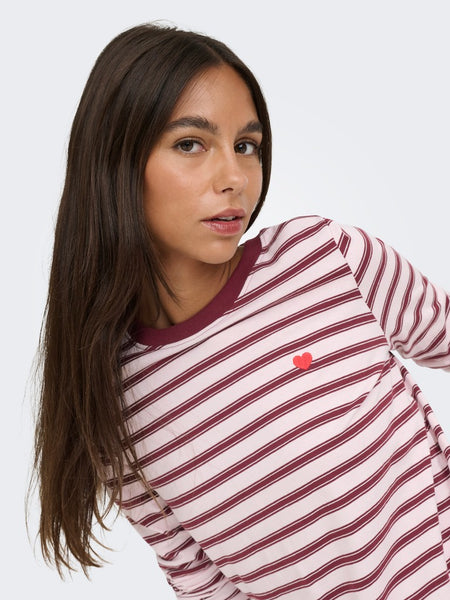 JDY Long Sleeve Striped Embroidered Heart Top in Pink