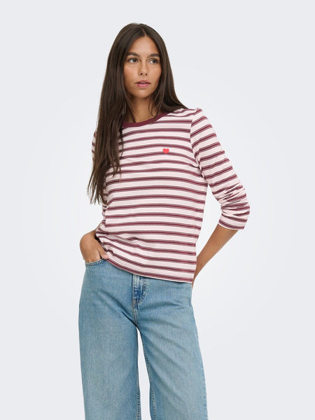 JDY Long Sleeve Striped Embroidered Heart Top in Pink