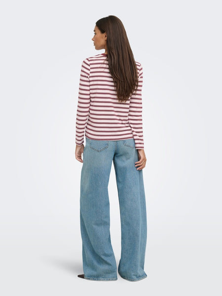 JDY Long Sleeve Striped Embroidered Heart Top in Pink