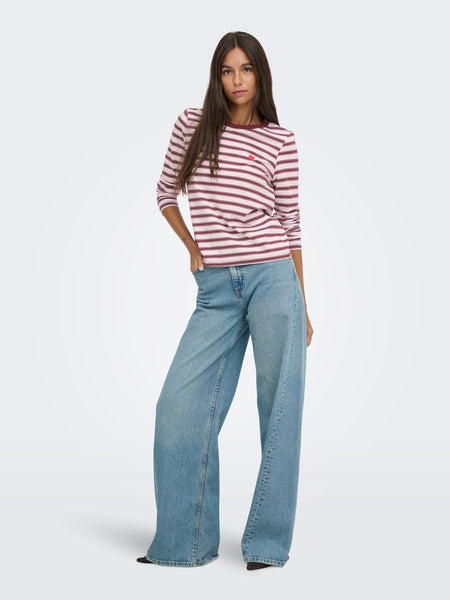 JDY Long Sleeve Striped Embroidered Heart Top in Pink