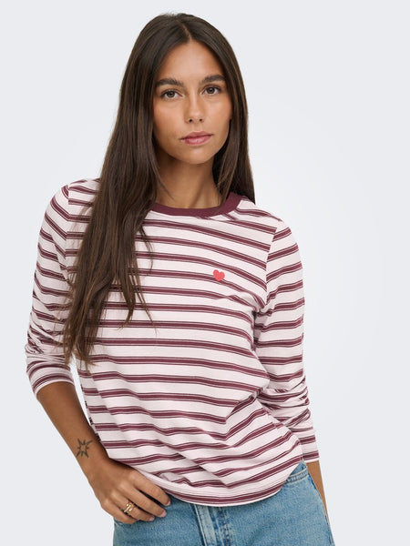 JDY Long Sleeve Striped Embroidered Heart Top in Pink