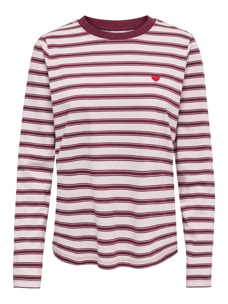 JDY Long Sleeve Striped Embroidered Heart Top in Pink
