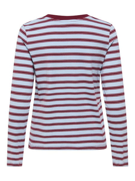 JDY Long Sleeve Striped Embroidered Heart Top in Blue