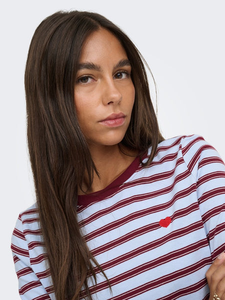 JDY Long Sleeve Striped Embroidered Heart Top in Blue