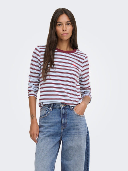 JDY Long Sleeve Striped Embroidered Heart Top in Blue