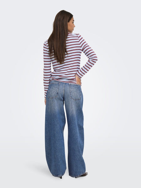 JDY Long Sleeve Striped Embroidered Heart Top in Blue