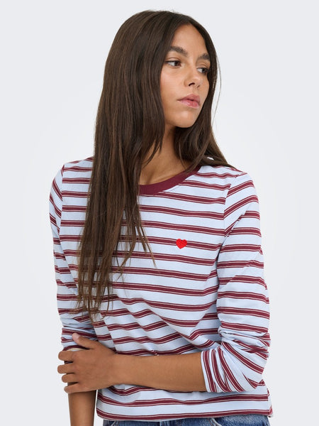 JDY Long Sleeve Striped Embroidered Heart Top in Blue