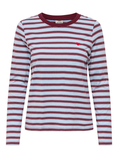 JDY Long Sleeve Striped Embroidered Heart Top in Blue