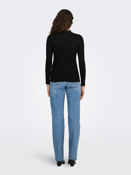 JDY Long Sleeve Ribbed High Neck Top in Black