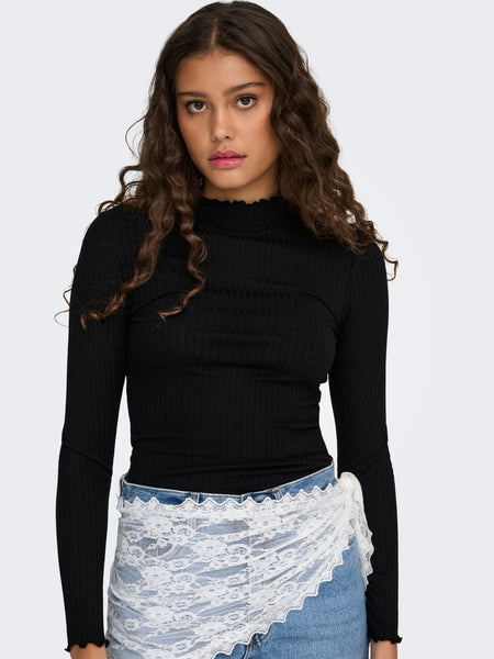 JDY Long Sleeve Ribbed High Neck Top in Black