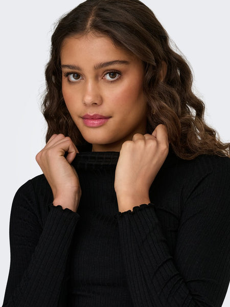 JDY Long Sleeve Ribbed High Neck Top in Black