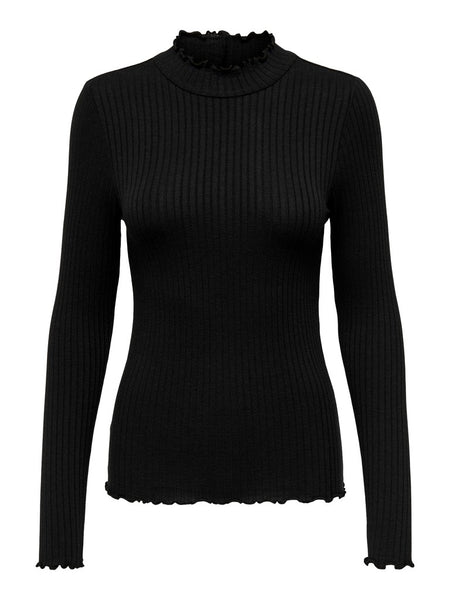JDY Long Sleeve Ribbed High Neck Top in Black