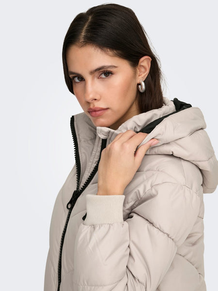 JDY Long Padded Jacket with Hood in Cream