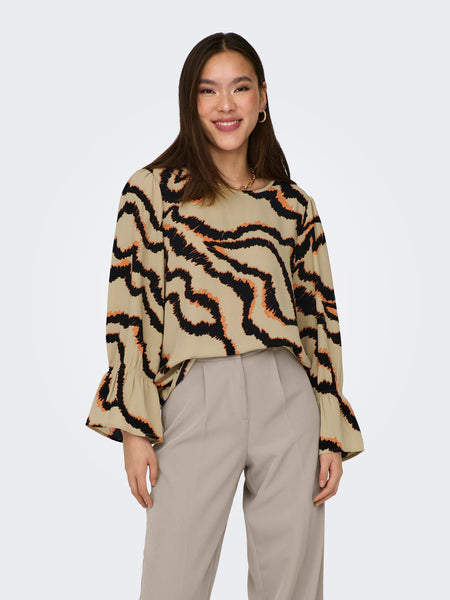 JDY Patterned Flared Sleeve Top in Camel