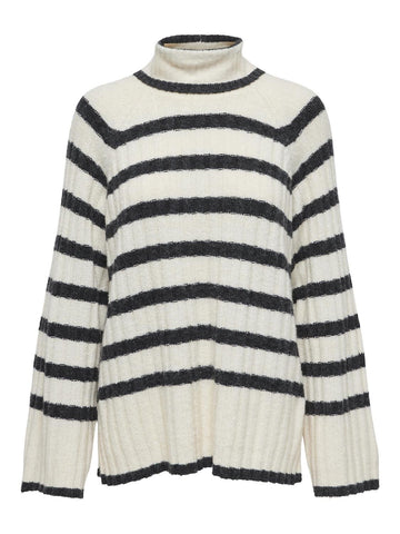 JDY Long Striped Roll Neck knit Jumper in Cream