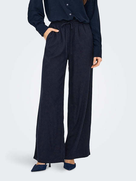 JDY Wide Leg Linen Blend Trousers in Navy