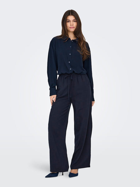 JDY Wide Leg Linen Blend Trousers in Navy