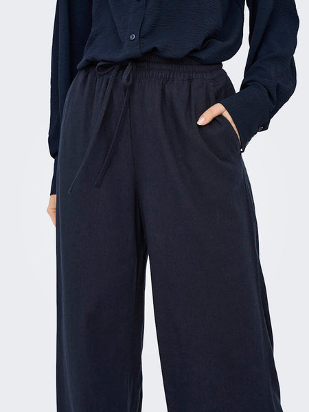 JDY Wide Leg Linen Blend Trousers in Navy