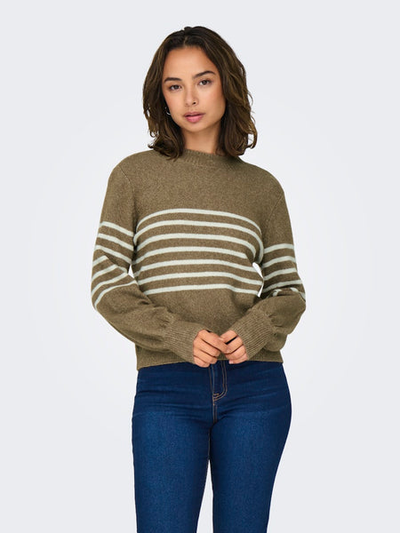 JDY Striped High Neck Jumper in Brown