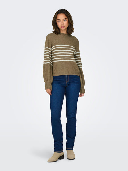 JDY Striped High Neck Jumper in Brown