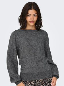 JDY Glitter Detail Boat Neck Knit Jumper in Dark Grey