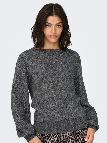 JDY Glitter Detail Boat Neck Knit Jumper in Dark Grey