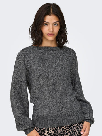 JDY Glitter Detail Boat Neck Knit Jumper in Dark Grey