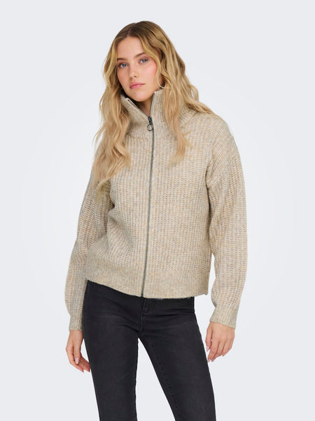 JDY Knitted Zip Cardigan in Beige