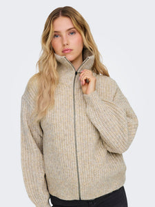 JDY Knitted Zip Cardigan in Beige