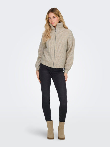 JDY Knitted Zip Cardigan in Beige