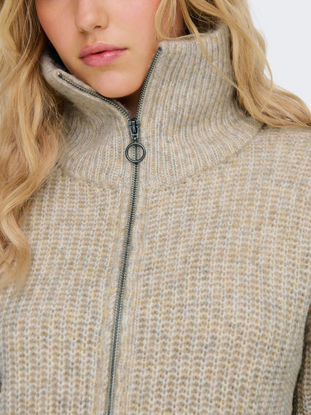 JDY Knitted Zip Cardigan in Beige