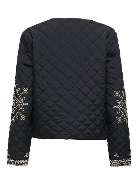 JDY Short Quilted Embroidered Jacket in Black